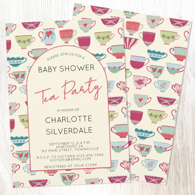 Vintage Tea Party Baby Shower Inbjudningar (Vintage modern tea party baby shower invitation with custom text)