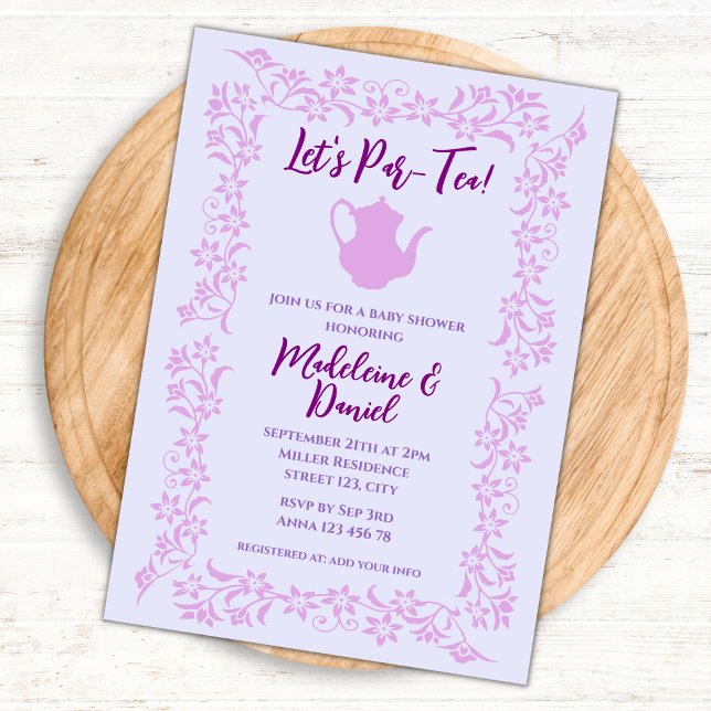 Vintage Tea Party Baby Shower Lavender Blommigt Inbjudningar (tea party baby shower invitation vintage teapot digital lavender and purple baby shower tea party)