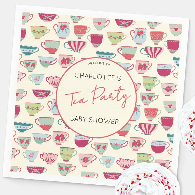 Vintage Tea Party Baby Shower Tekoppar Pappersservett (Modern vintage baby shower tea party teacup pattern personalized party paper napkins)