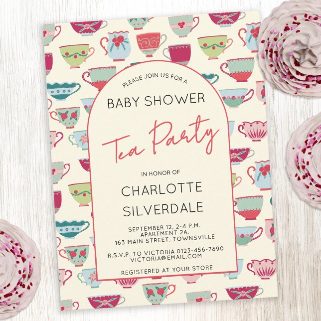 Vintage Tea Party Bebis Shower Inbjudan (Modern vintage tea cups themed personalized baby shower tea party invitation postcard)