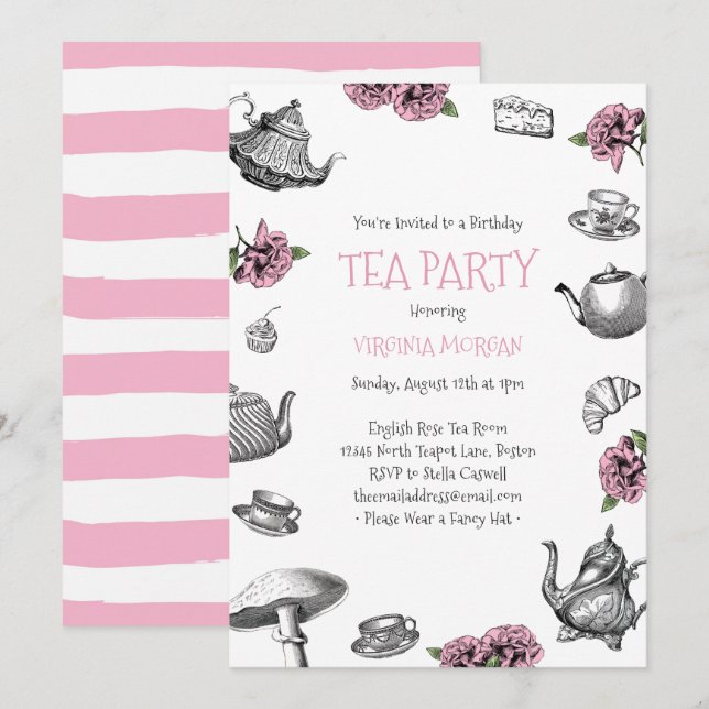 Vintage Tea Party Birthday Rosa Inbjudningar (Fram/baksida)