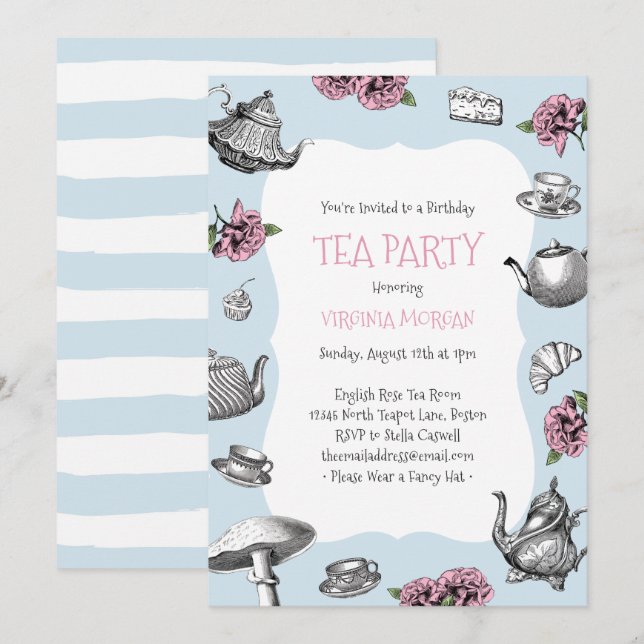 Vintage Tea Party födelsedag Baby blue Rand Inbjudningar (Fram/baksida)