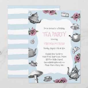 Vintage Tea Party födelsedag Baby blue Rand Inbjudningar