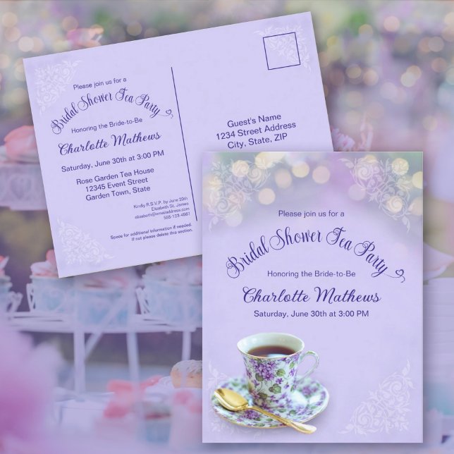 Vintage Tea Party Möhippa Lavender Inbjudan (Vintage Tea Party Bridal Shower Lavender Invitation Postcard)