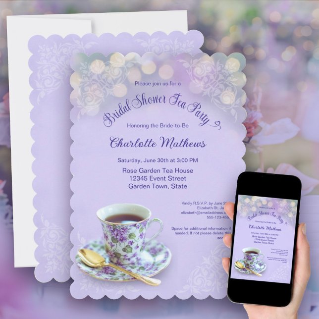 Vintage Tea Party Möhippa Lavender Inbjudningar (Vintage Tea Party Bridal Shower Lavender Invitation)