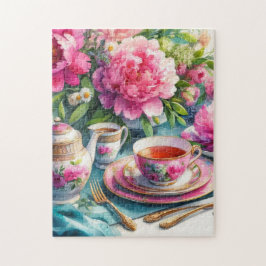 Vintage Tea Party Rosa Peonies Jigszle Puzzle Pussel