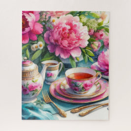 Vintage Tea Party Rosa Peonies Jigszle Puzzle Pussel