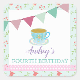 Vintage Tea Party Shabby chic Girls Birthday Fyrkantigt Klistermärke