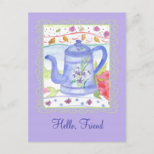 Vintage Tea Pot Watercolor Flowers Hej Friend Vykort