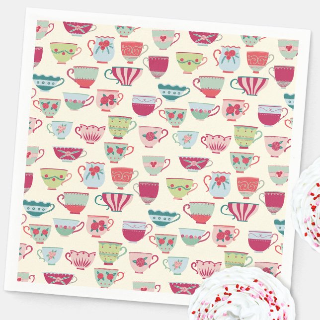 Vintage Teacup Tea Party Pappersservett (Modern vintage teacup tea party pattern paper napkin for celebrations and events)
