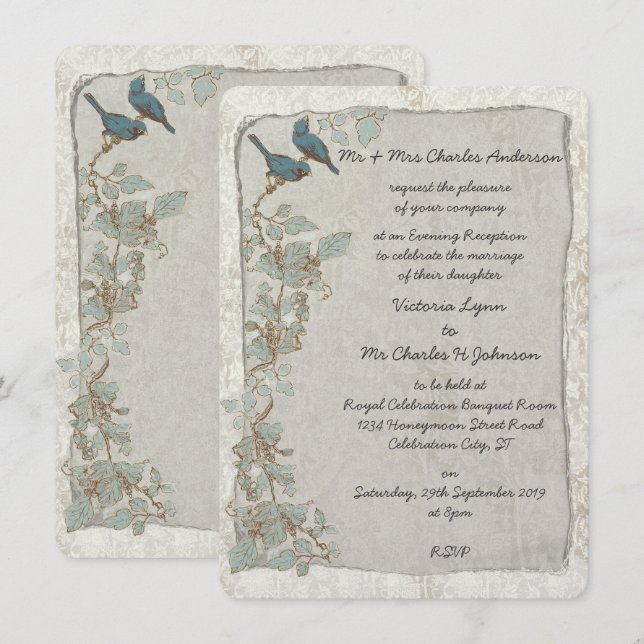Vintage Teal Birds Damask kvällsmottagning Inbjudningar (Fram/baksida)