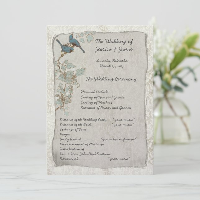Vintage Teal Birds Damask Wedding Program (Stående Fram)