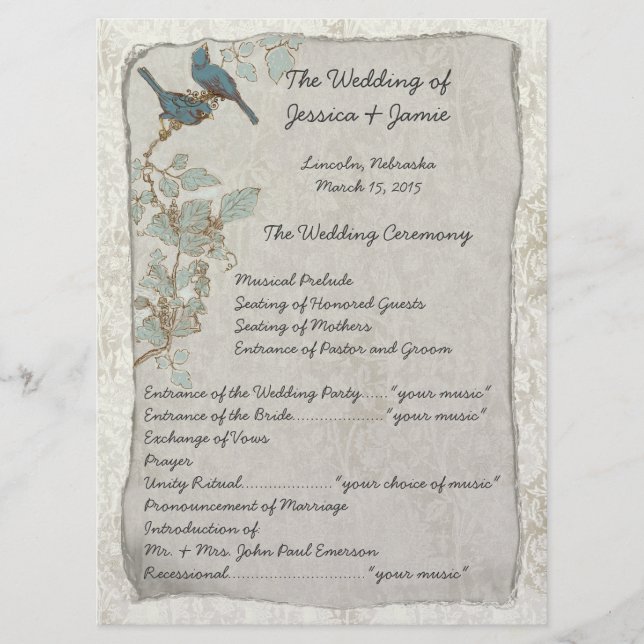 Vintage Teal Birds Damask Wedding Program (Framsida)