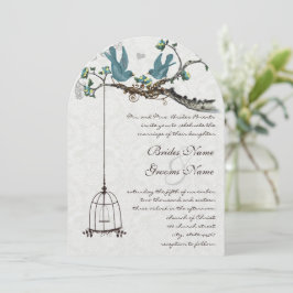 Vintage Teal Birds with Bird Cage & Rosa Blooms Inbjudningar