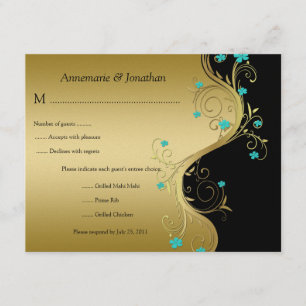 Vintage Teal Black och Guld Blommigt OSA Kort