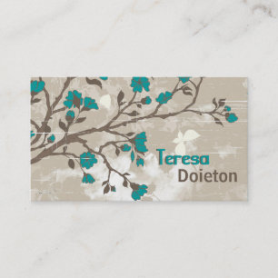 Vintage teal-blommor blommigt grunge taupe visitkort