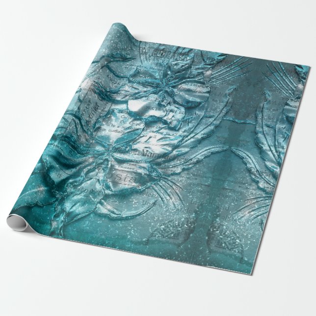 Vintage Teal Blommotiv Mönster Glitter Gnistrande  Presentpapper (Utrullad)
