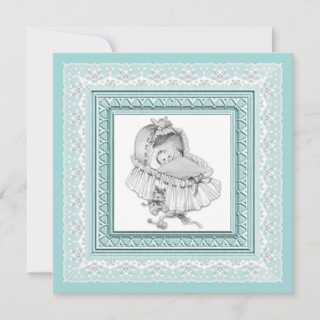 Vintage Teal Blue Baby Shower Inbjudningar (Framsida)