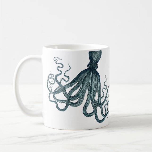 Vintage Teal Blue Vintage Octopus Nautical Kaffemugg (Vänster)