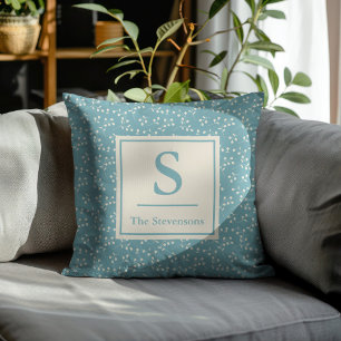 Vintage Teal Blue White Botanical Monogram Anpassn Kudde