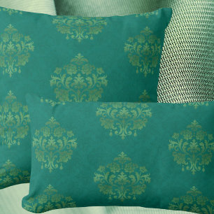 Vintage Teal Damask Guldmedaljonger Kastkudde Kudde