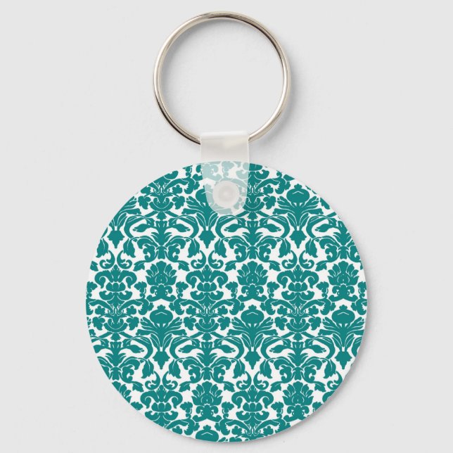 Vintage Teal Damask-nyckelkedja för Ornate Blommig Nyckelring (Framsida)