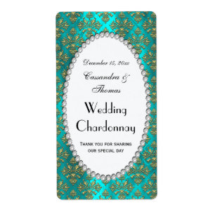 Vintage Teal Guld Damask Pearl V Vin Flaska-etiket Fraktsedel