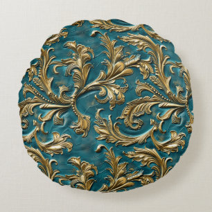 Vintage Teal guld, verktygsläder Rund Kudde