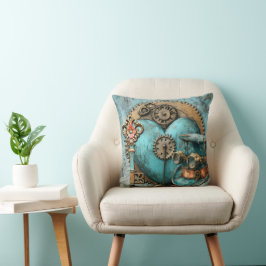 Vintage Teal Hjärtform med Kugghjul Steampunk Kons Kudde
