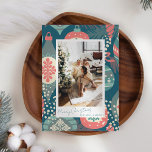 Vintage Teal jul Ornaments Anpassningsbar Photo Julkort<br><div class="desc">Det här helgdag för estetisk vintage har ett foto omgivet av en färgstark tealblått och ett rött ornament mönster och en trendig-skripttypografi.</div>