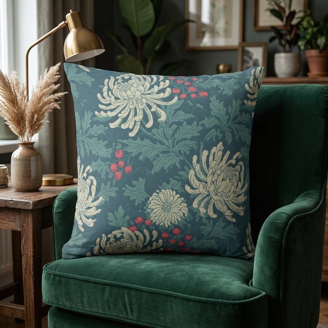 Vintage Teal Krysantemum Blommönster Kudde (Skapare uppladdad)