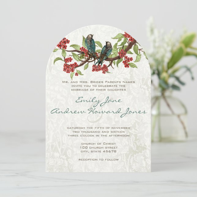 Vintage Teal Love birds Red Cherry Blommar Inbjudningar (Stående Fram)