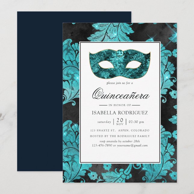 Vintage Teal Masquuppade Damask Quinceañera Inbjudningar (Fram/baksida)