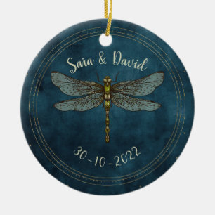 Vintage Teal Mörk Gothic Dragonfly lite Bröllop Julgransprydnad Keramik