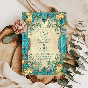 Vintage Teal och Guld Blommigt Arch Bröllop Inbjudningar