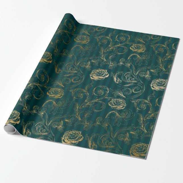 Vintage Teal och Guld Ro Blommigten Presentpapper (Utrullad)
