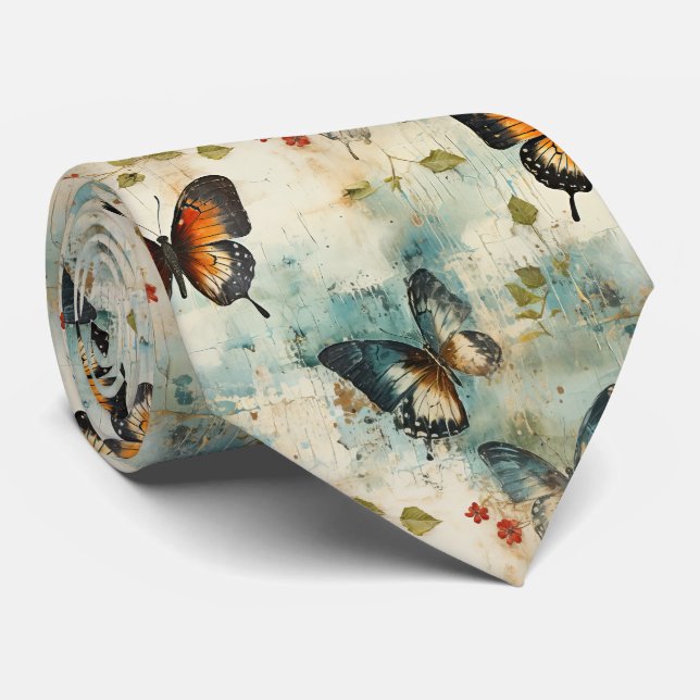 Vintage Teal Orange Fjäril Botanisk Slips (Rullad)