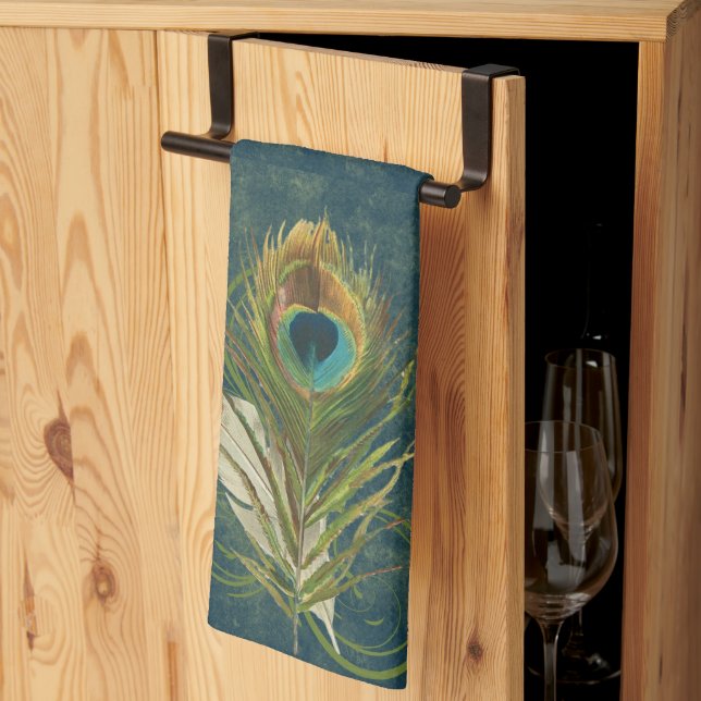 Vintage Teal Peacock Feather Snyggt Kökshandduk (Thirds Fold)