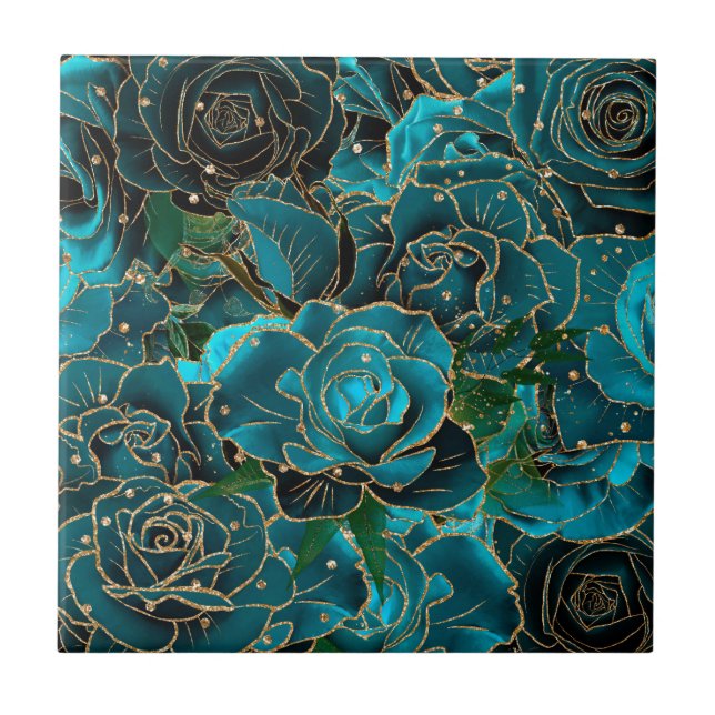 Vintage Teal Roséguld Glitter Glam Boho Blommig Kakelplatta (Framsidan)