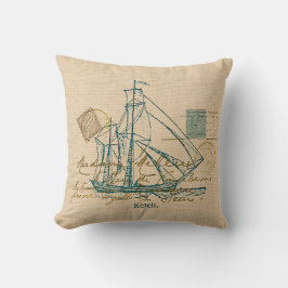 Vintage Teal Sailing Frakt Nautical Pillow Kudde