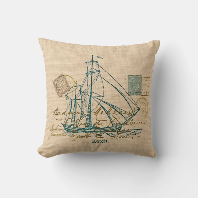 Vintage Teal Sailing Frakt Nautical Pillow Kudde (Framsida)