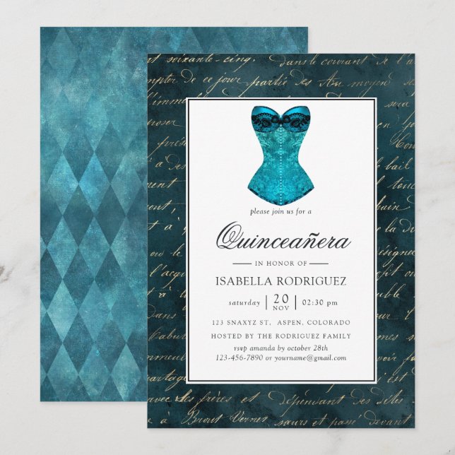 Vintage Teal - Turcouise Masquerad Quinceañera Inbjudningar (Fram/baksida)