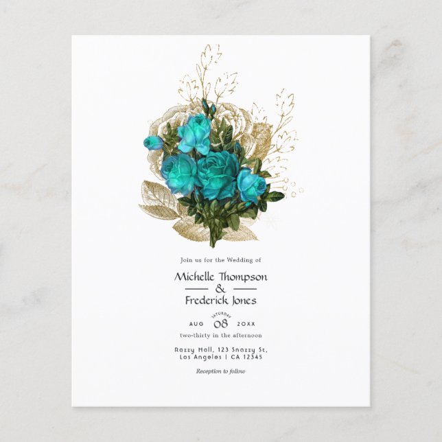 Vintage Teal - Turkos och Guld Blommig Bröllop Flygblad (Framsidan)