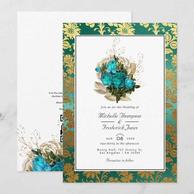Vintage Teal - Turkos och Guld Blommig Bröllop Inbjudningar (Fram/baksida)