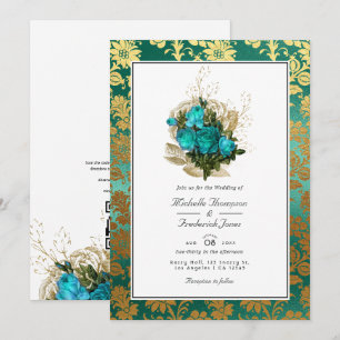 Vintage Teal - Turkos och Guld Blommig Bröllop Inbjudningar