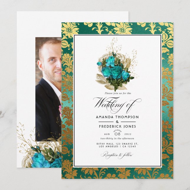 Vintage Teal - Turkos och Guld Blommig Bröllop Inbjudningar (Fram/baksida)