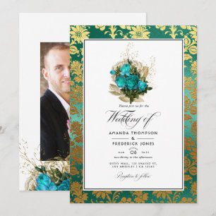 Vintage Teal - Turkos och Guld Blommig Bröllop Inbjudningar