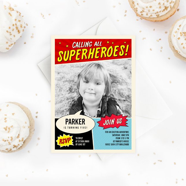 Vintage Tecknad Superhjälte Födelsedagsfest inbjud Inbjudningar (Skapare uppladdad)