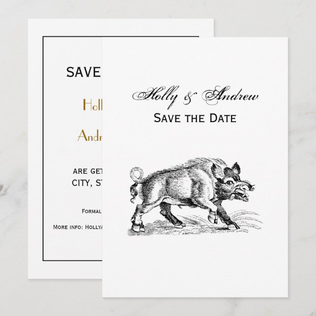 Vintage Teckning av Vildsvin BW #2 Inbjudningar (Fram/baksida)