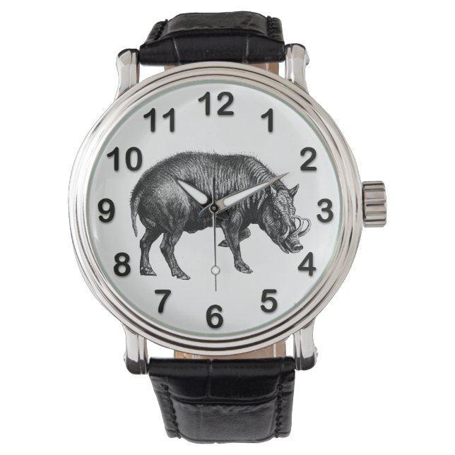 Vintage Teckning Av Vildsvin BW Armbandsur (Framsida)